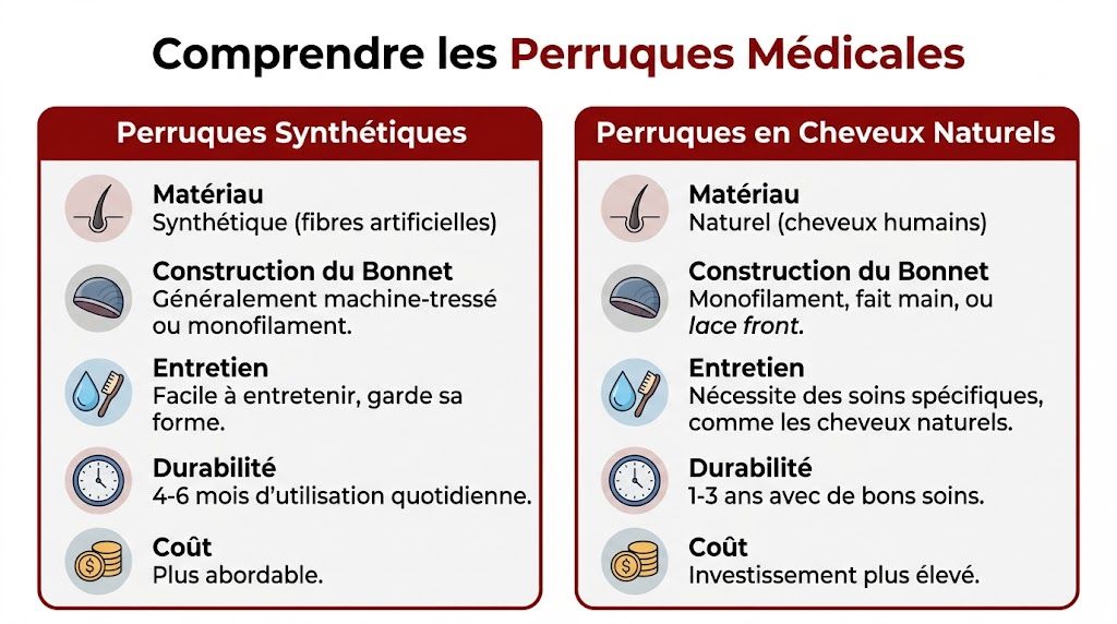 Tableau comparatif illustrant les différences entre les perruques synthétiques et les perruques en cheveux naturels pour usage médical.