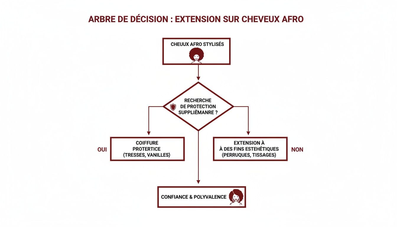 Diagramme de décision montrant les choix d'extensions pour cheveux afro, selon le besoin de protection ou l'esthétique.