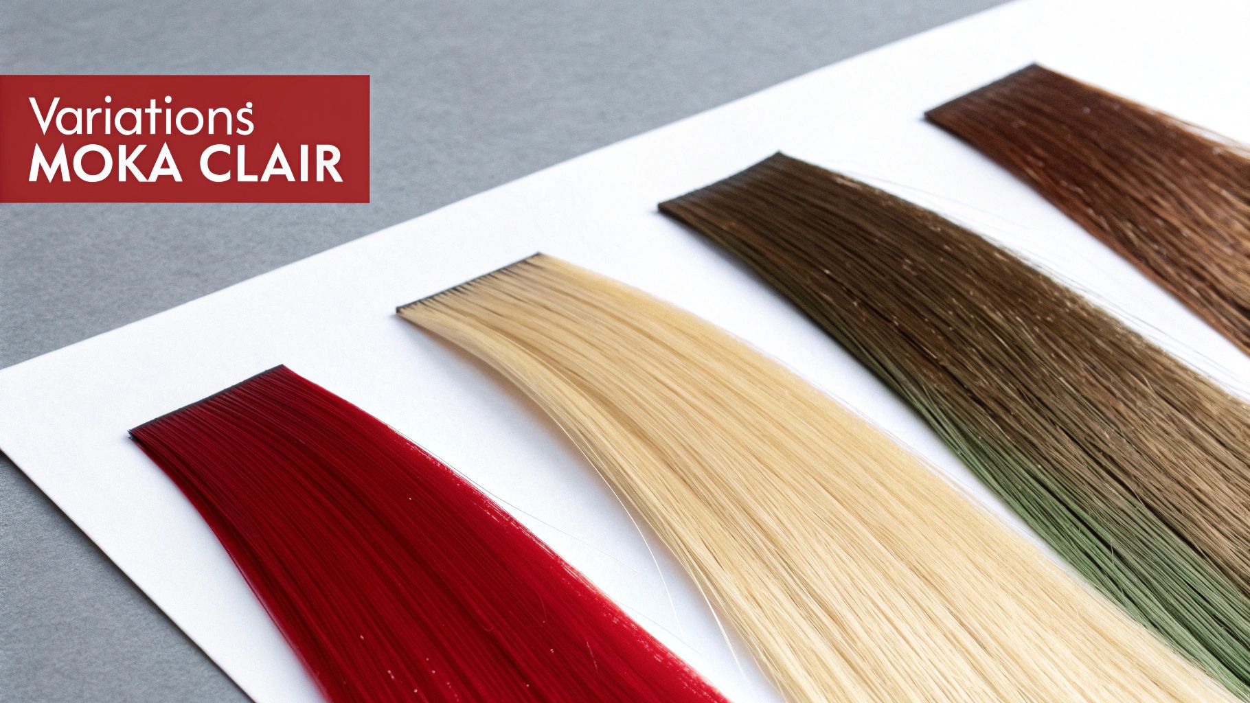 Plusieurs échantillons de mèches de cheveux colorées sur fond blanc, montrant des variations, y compris rouge, blond et des tons de moka clair.