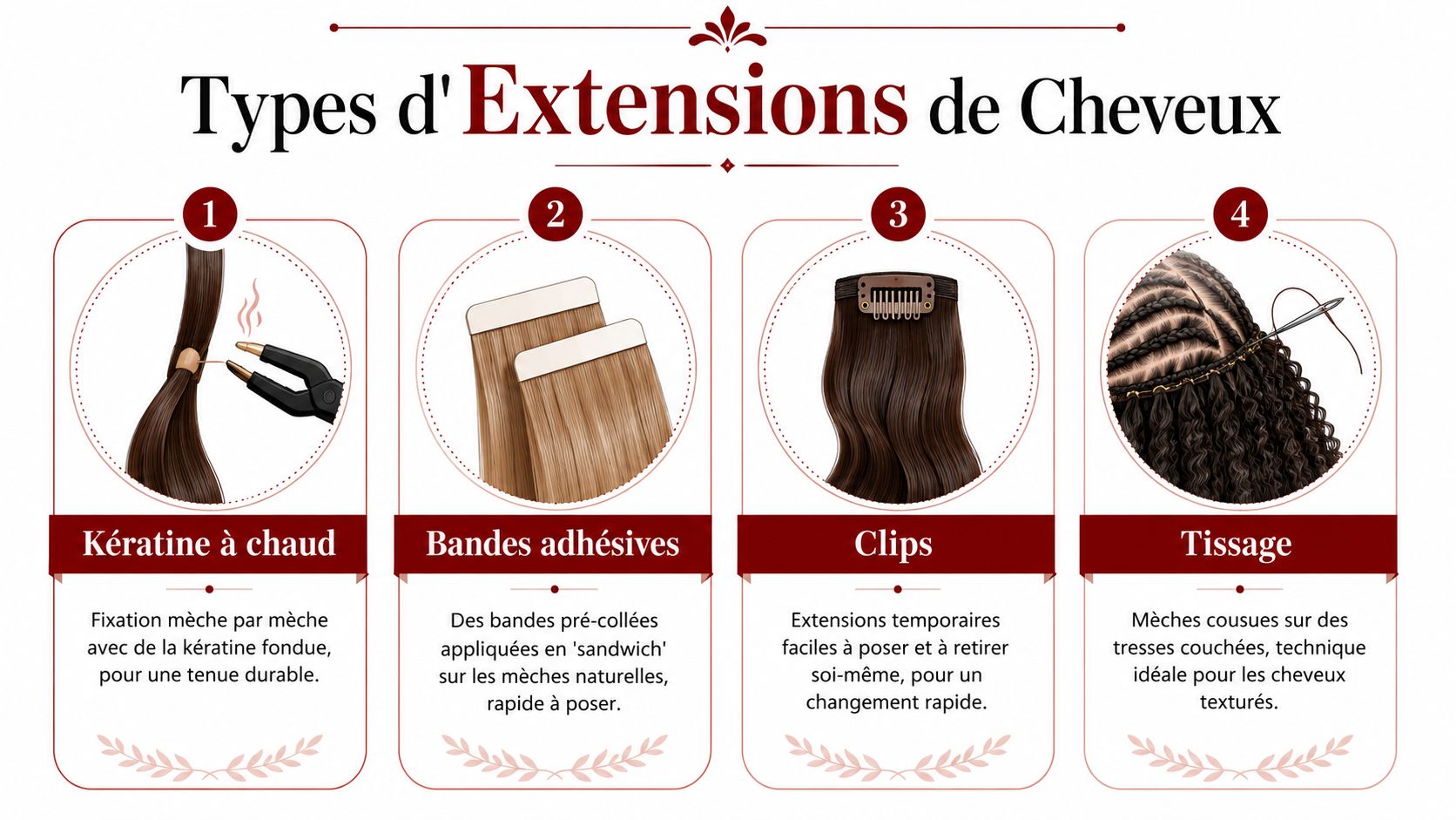 Infographie illustrant quatre types d'extensions de cheveux : kératine à chaud, bandes adhésives, clips et tissage.