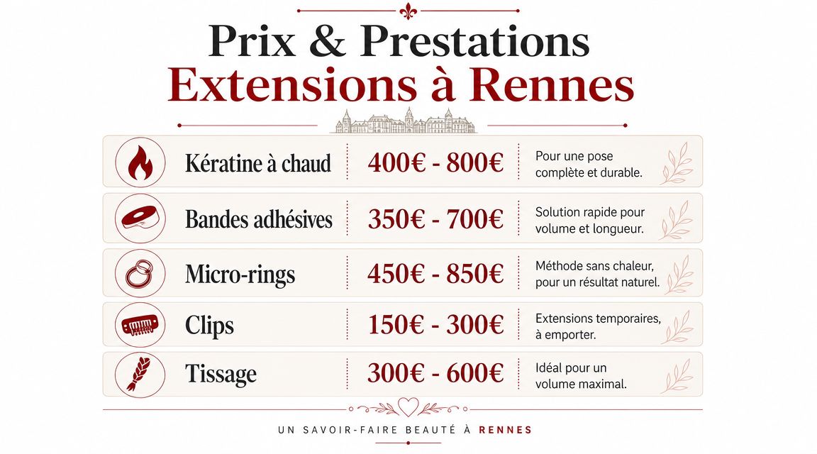 Tableau récapitulatif des prix et types de prestations pour des extensions de cheveux à Rennes.
