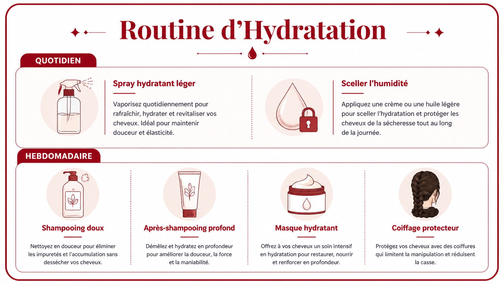 Une infographie montrant les étapes d'une routine d'hydratation quotidienne et hebdomadaire pour les cheveux crépus et bouclés.