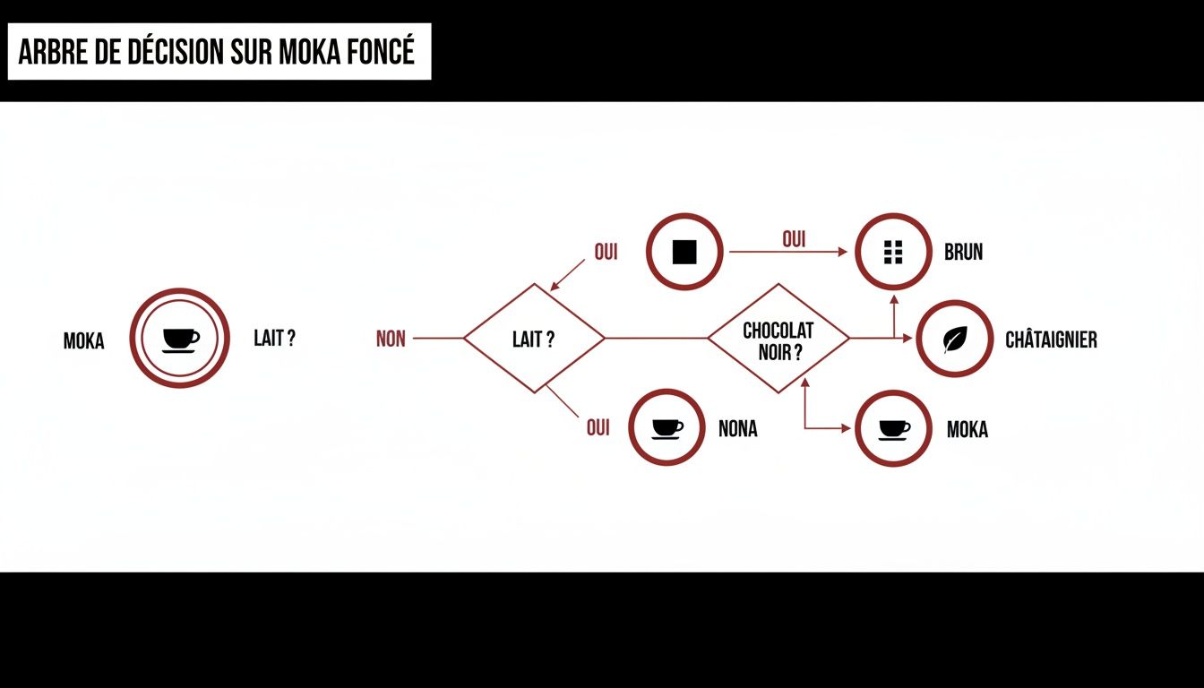 Arbre de décision pour la couleur de cheveux Moka foncé, guidant les choix basés sur le lait et le chocolat noir.
