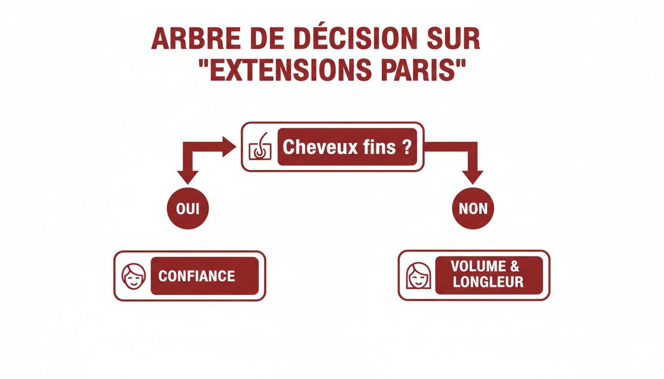 Arbre de décision pour extensions de cheveux à Paris, évaluant si les cheveux sont fins pour obtenir confiance, volume ou longueur.