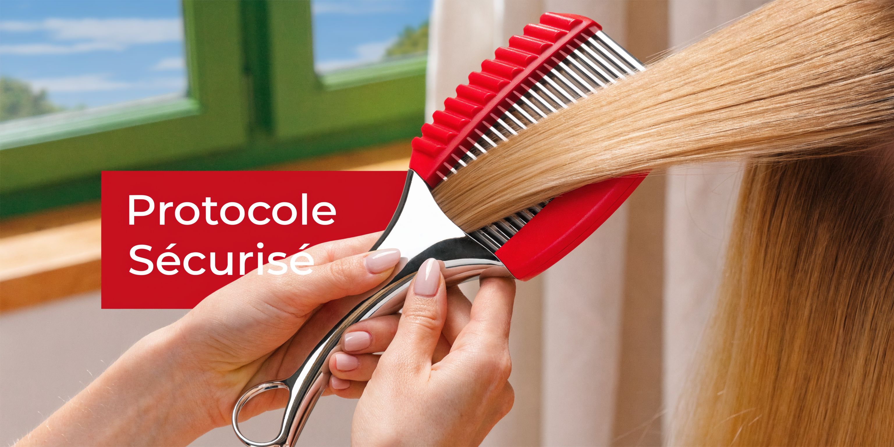 Une personne utilise un peigne lisseur professionnel sur ses cheveux blonds pour un résultat lisse et soigné.