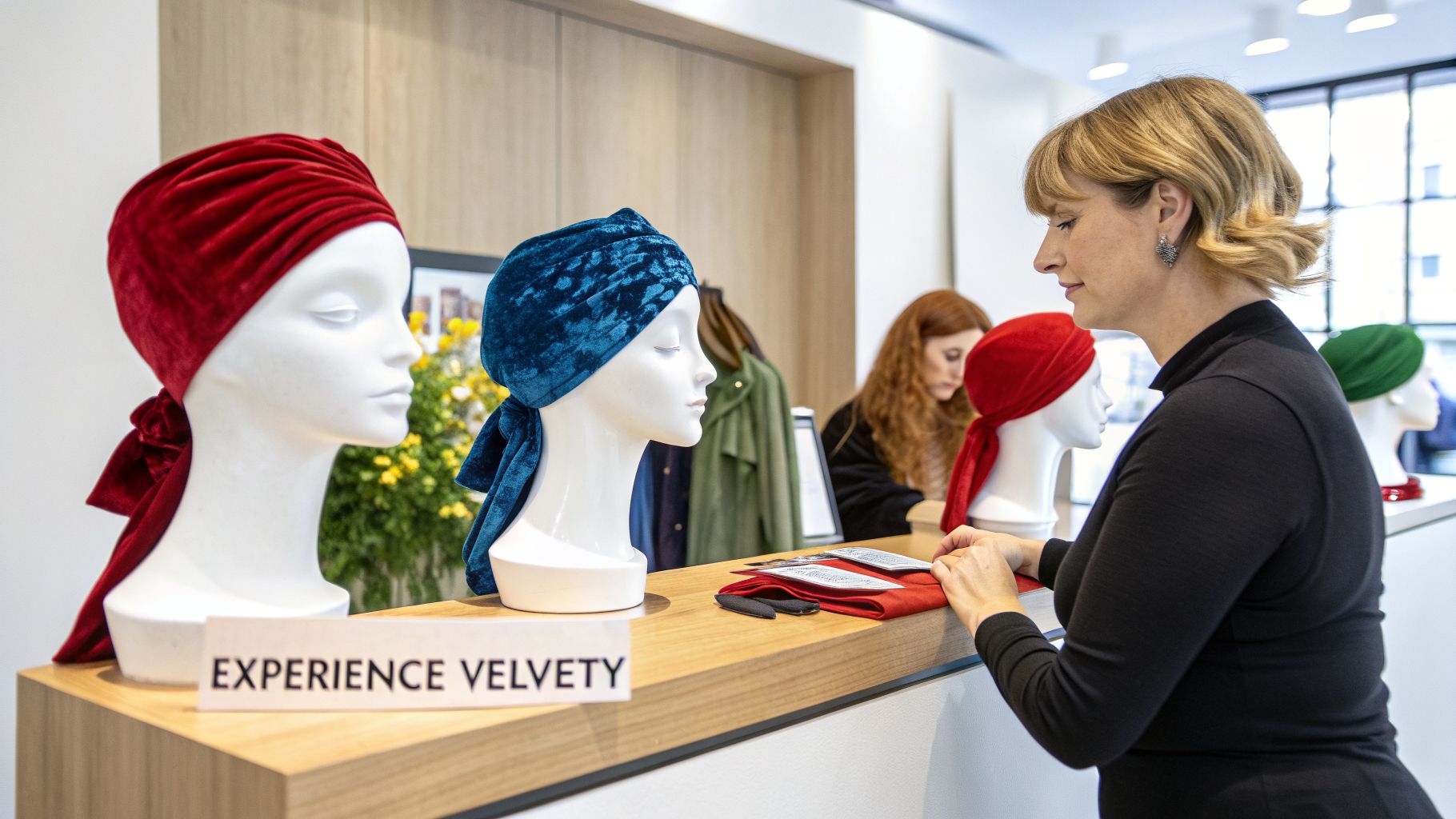 Femme blonde examinant des bandeaux et turbans en velours colorés exposés sur des mannequins dans un magasin.