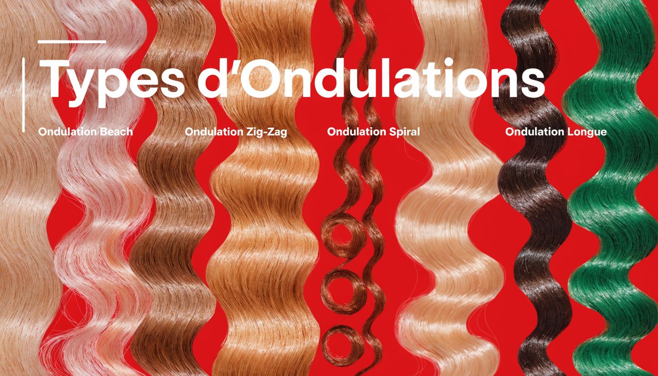 Aperçu des différents types d'ondulations capillaires pour extensions, incluant beach, zig-zag, spiral et longues vagues.