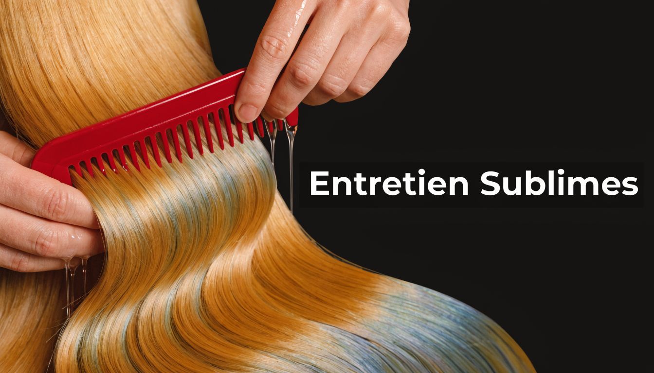 Une main peignant des cheveux blonds avec des reflets bleus à l'aide d'un peigne rouge.
