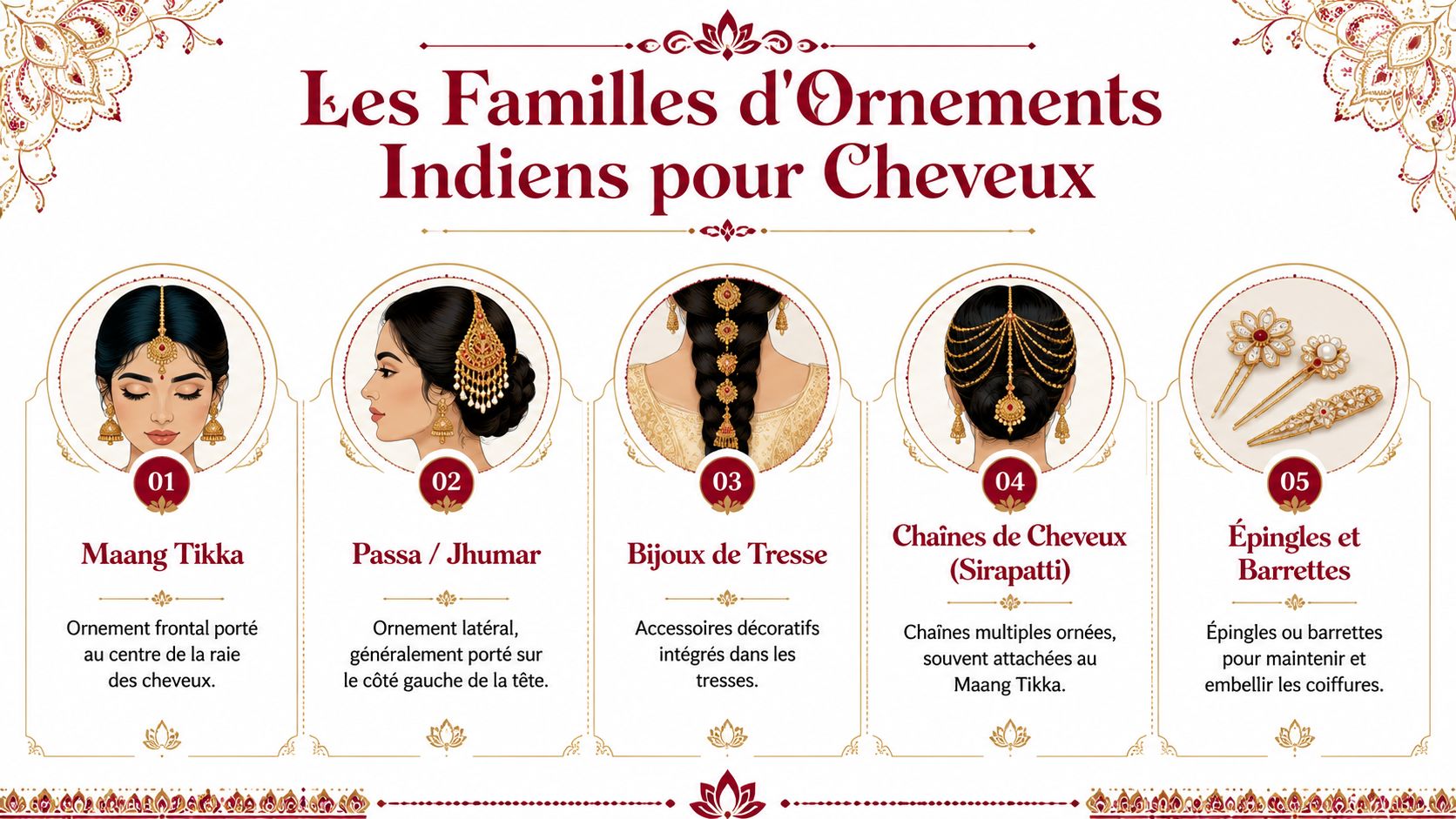 Une infographie illustrant les cinq principaux types d'ornements indiens traditionnels pour les cheveux des femmes.