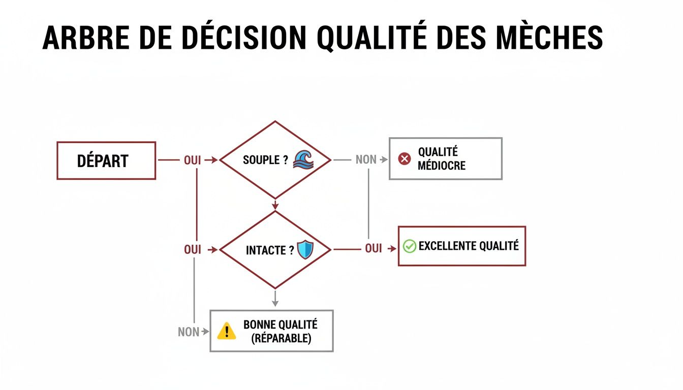 Diagramme de décision pour évaluer la qualité des mèches, incluant des étapes de vérification de souplesse et d'intégrité.
