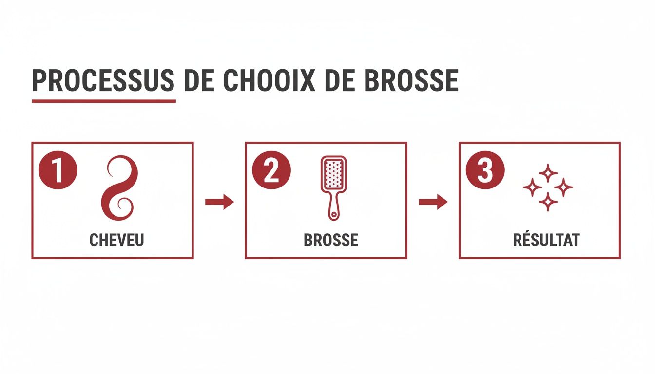 Diagramme illustrant le processus de choix d'une brosse à cheveux en trois étapes : cheveux, brosse et résultat.