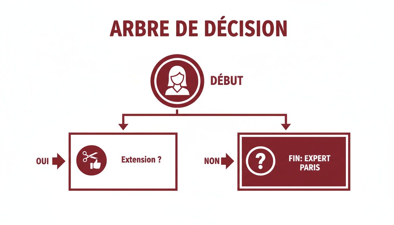 Arbre de décision illustrant le processus d'une extension de cheveux, avec des options oui/non menant à différents résultats.