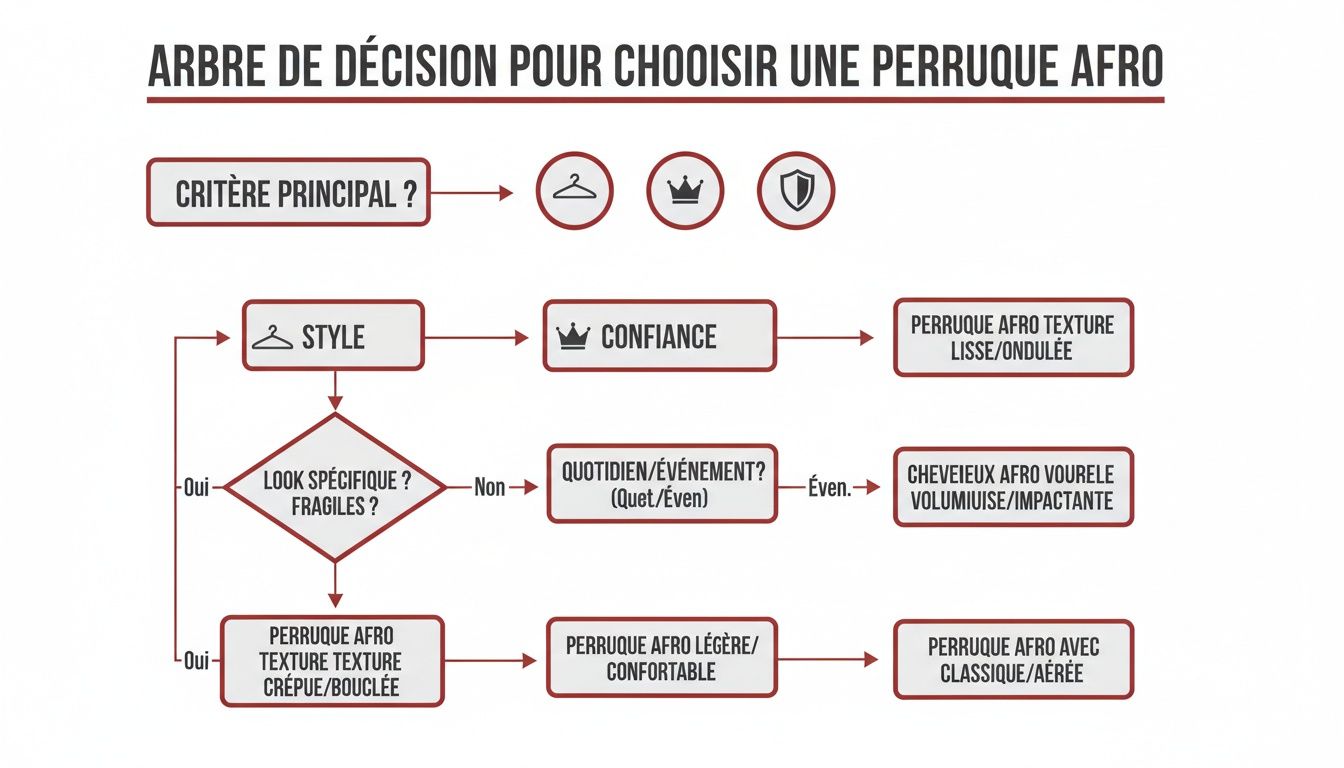 Arbre de décision pour choisir une perruque afro selon le style, la confiance et l'occasion.