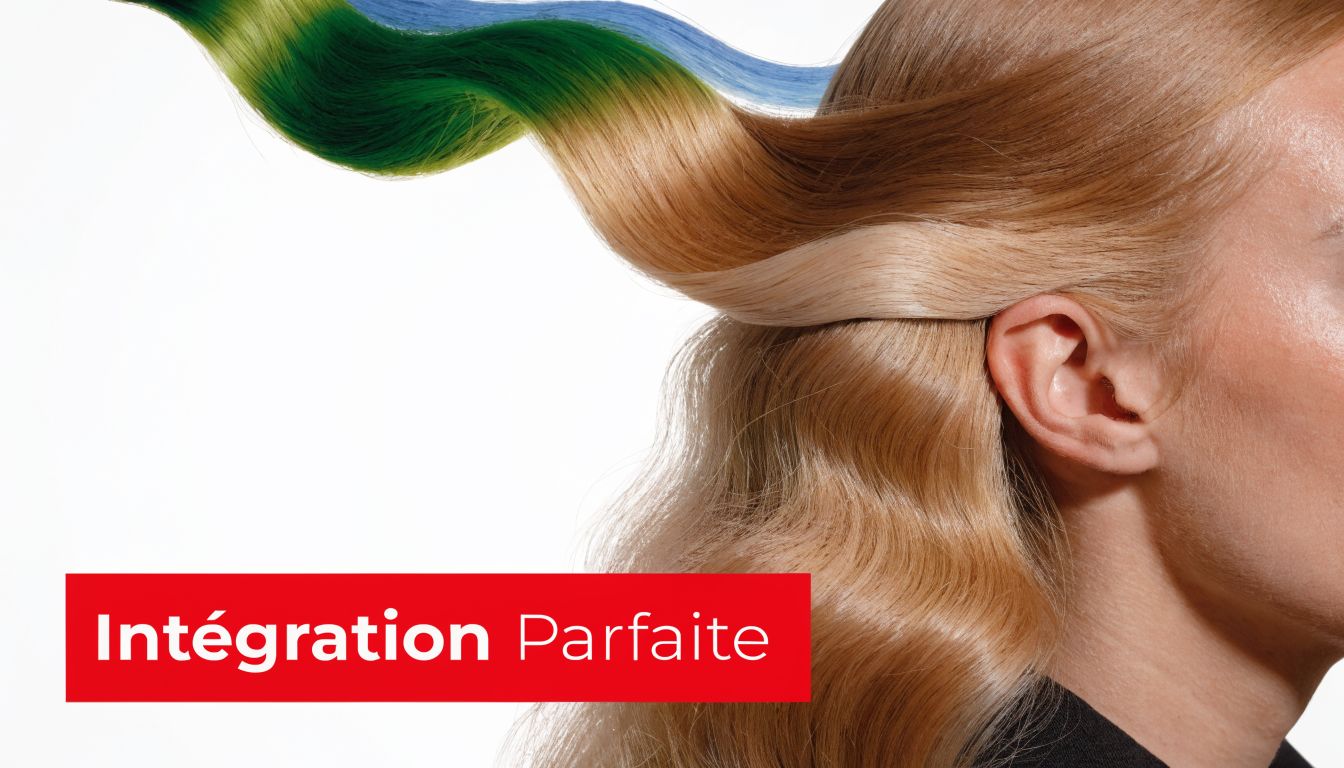 Une femme avec des cheveux blonds parfaitement intégrés à une extension de cheveux colorée en dégradé.