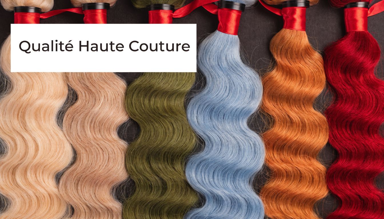 Plusieurs extensions de cheveux ondulés de couleurs variées, incluant blond, vert, bleu, orange et rouge vif.
