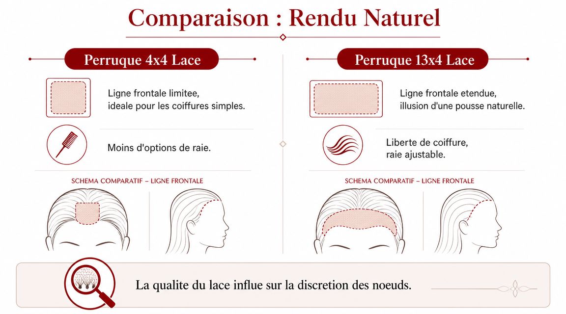 Comparaison visuelle entre les perruques lace wig 4x4 et 13x4 montrant les différences de ligne frontale.
