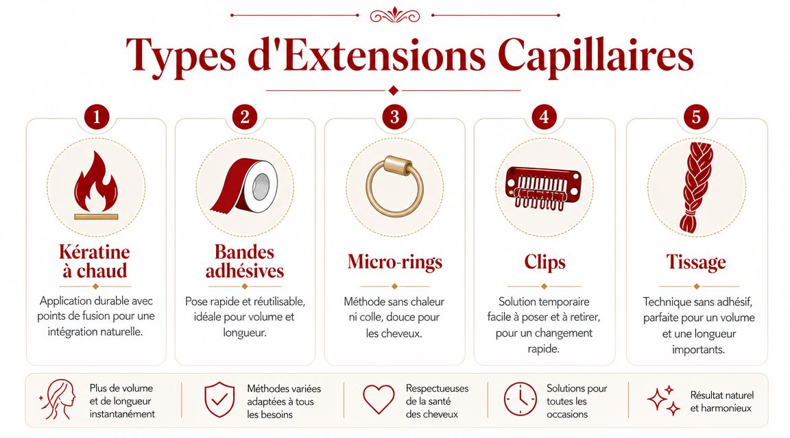 Infographie présentant les cinq principaux types d'extensions capillaires disponibles pour ajouter du volume et de la longueur.