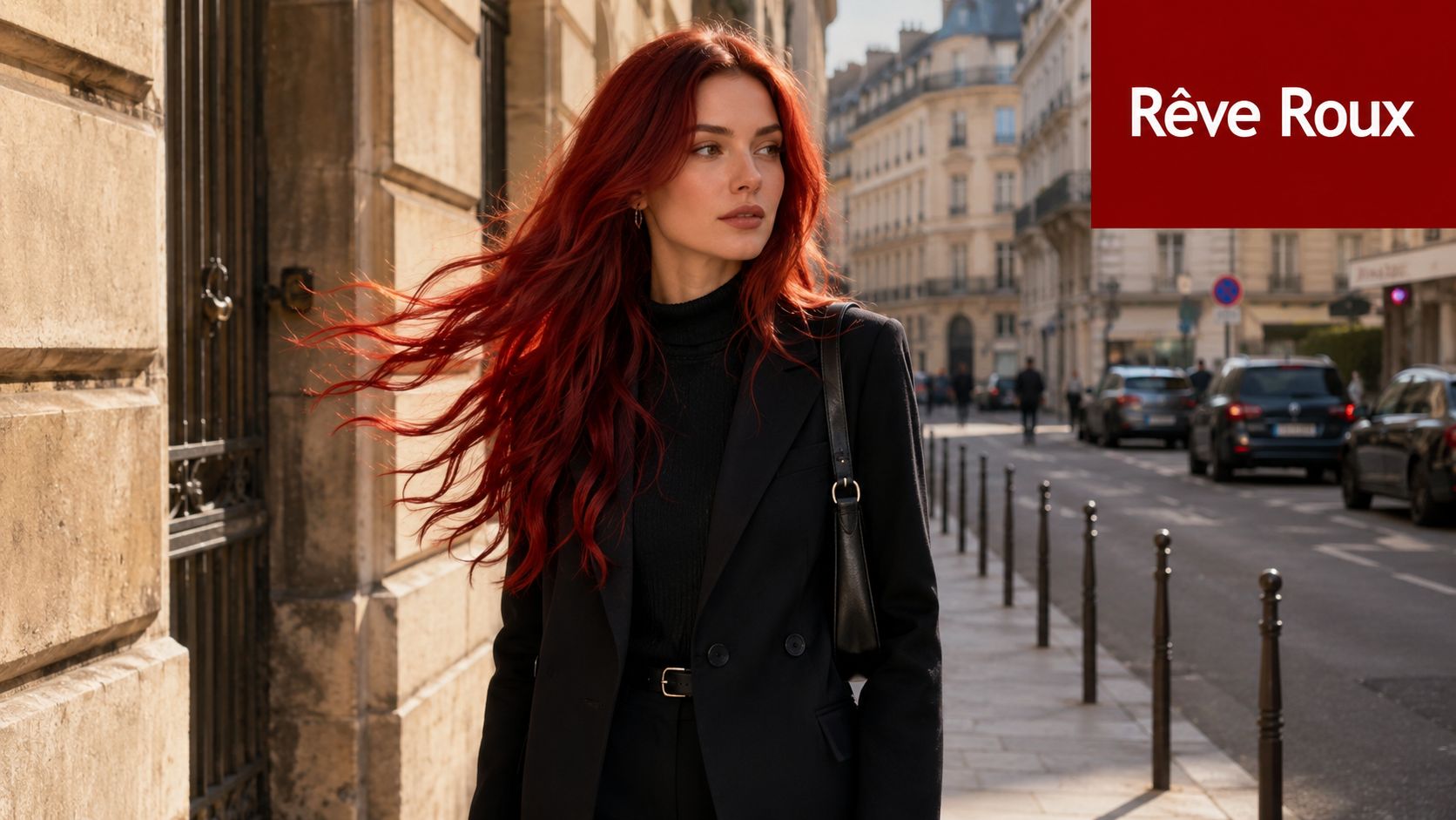 Une femme élégante aux longs cheveux roux ondulés portant un blazer noir dans une rue parisienne ensoleillée.