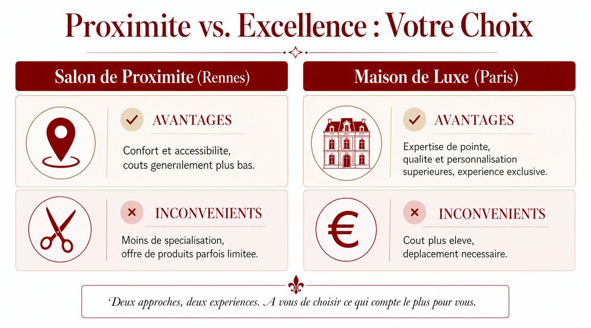 Tableau comparatif entre un salon de proximité à Rennes et une maison de luxe à Paris.
