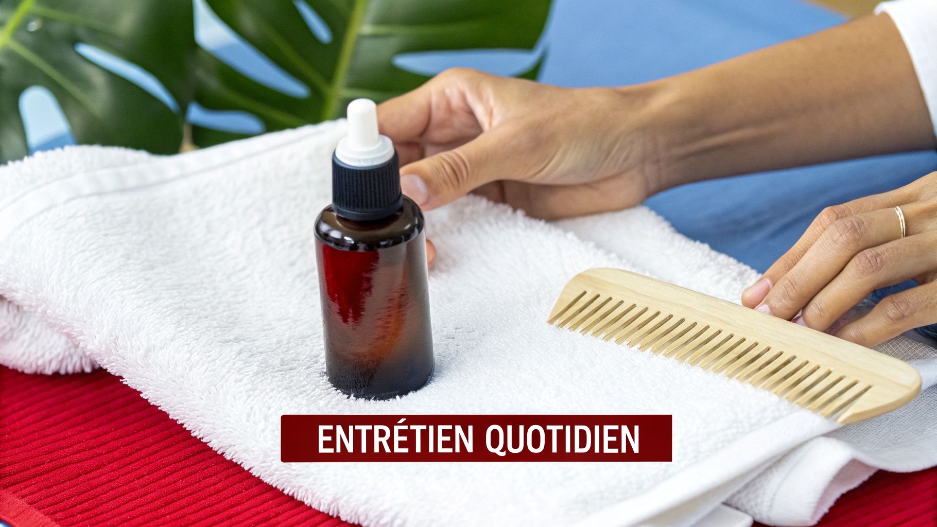 Une bouteille de sérum capillaire, un peigne en bois et des mains préparant un entretien quotidien des cheveux.