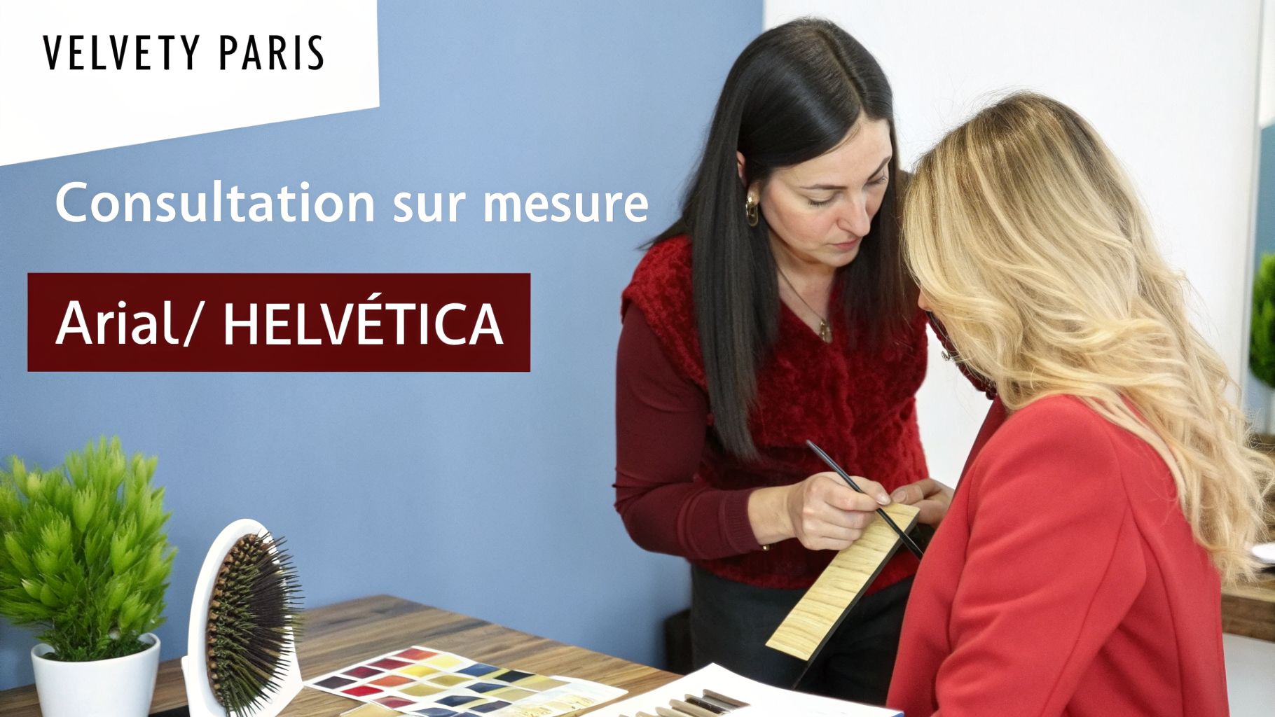 Deux femmes en consultation sur mesure pour des mèches, avec échantillons de couleurs et brosse à cheveux.