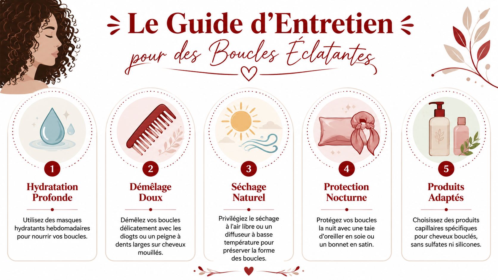 Infographie présentant cinq conseils essentiels pour l'entretien et le soin des cheveux bouclés au quotidien.