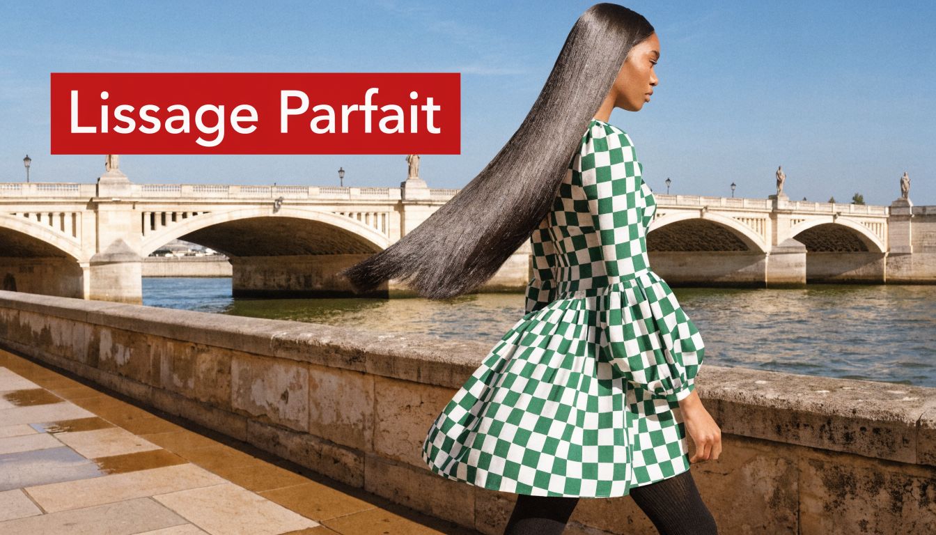 Une femme élégante avec des cheveux longs et lisses porte une robe à carreaux près d'un pont historique.
