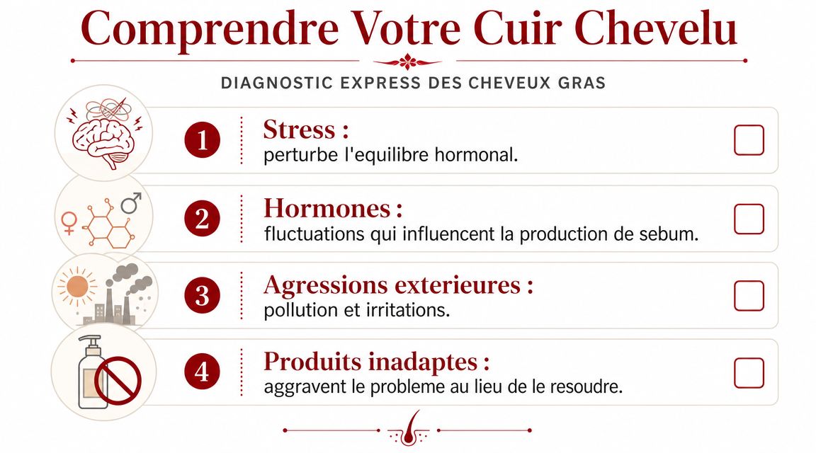 Infographie diagnostiquant les causes des cheveux gras incluant le stress, les hormones, la pollution et produits inadaptés.