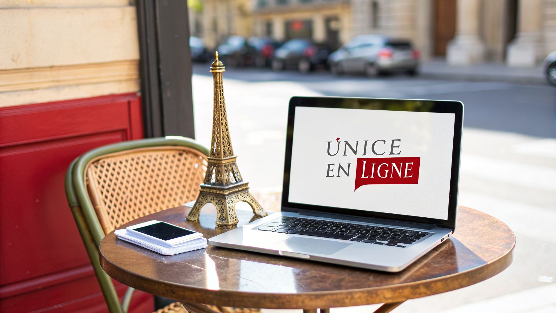 Un ordinateur portable affichant "UNICE EN LIGNE", une Tour Eiffel miniature et un téléphone sur une table de café parisien.
