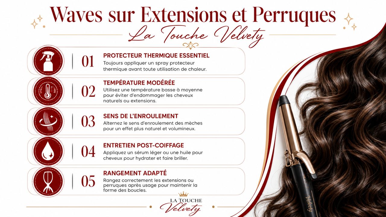 Infographie détaillant cinq étapes essentielles pour créer des ondulations sur des extensions et perruques avec un fer à boucler.