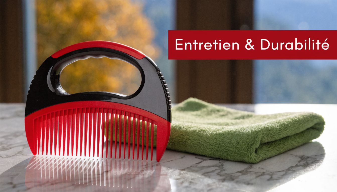 Un peigne démêlant professionnel rouge et noir posé sur une surface en marbre à côté d'une serviette.