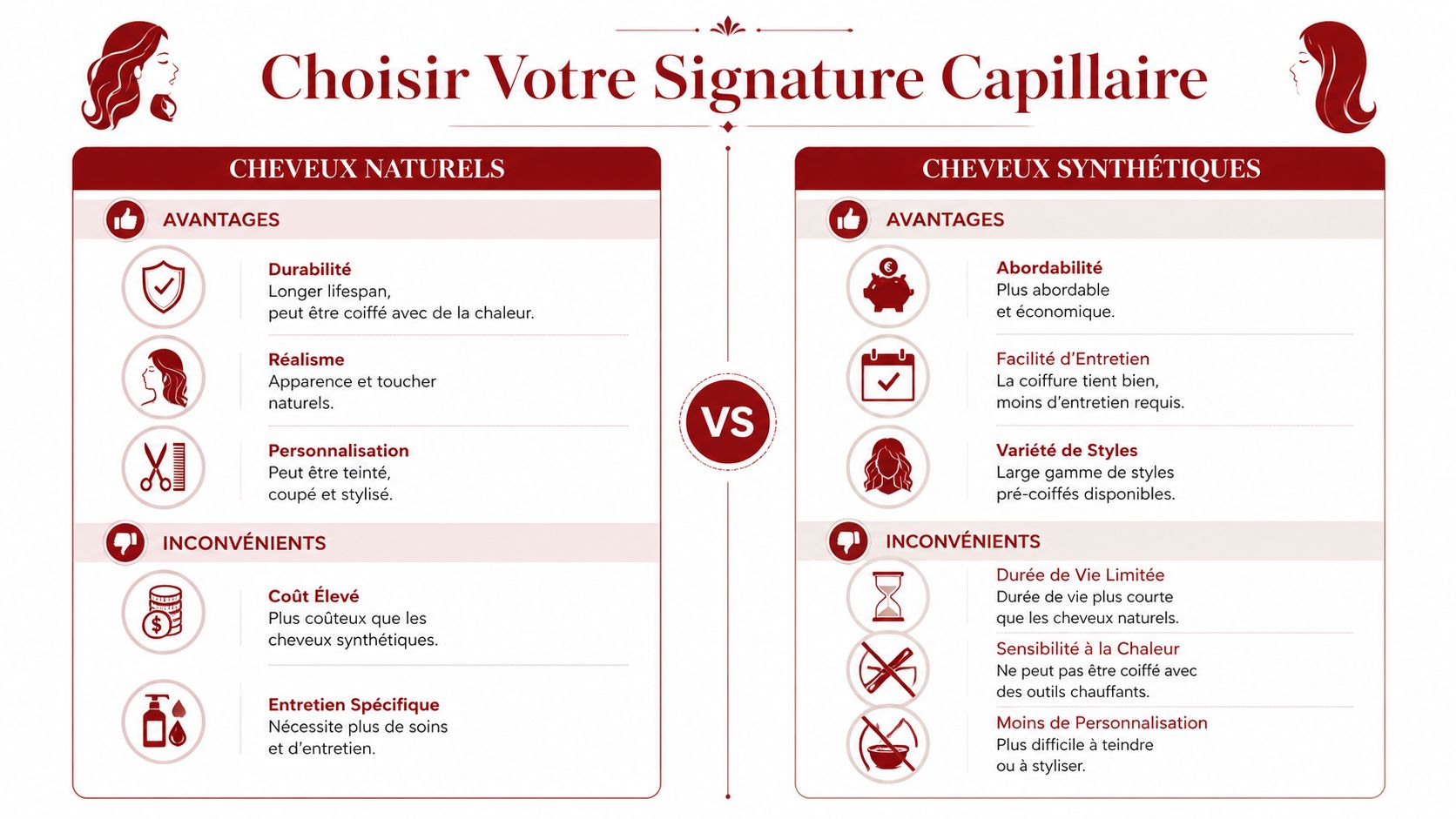 Infographie comparant les avantages et les inconvénients des perruques en cheveux naturels et en cheveux synthétiques.