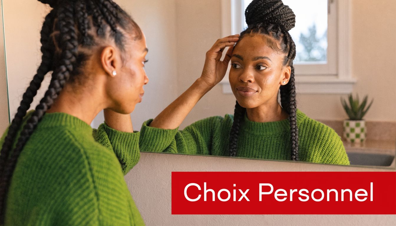 Une femme aux cheveux tressés se regarde dans le miroir tout en ajustant ses cheveux avec bienveillance.