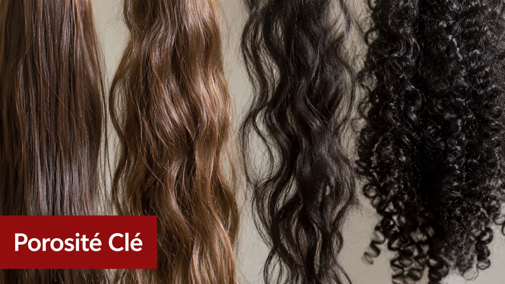 Quatre mèches de cheveux présentant différentes textures, allant du raide au très bouclé, sur fond neutre.