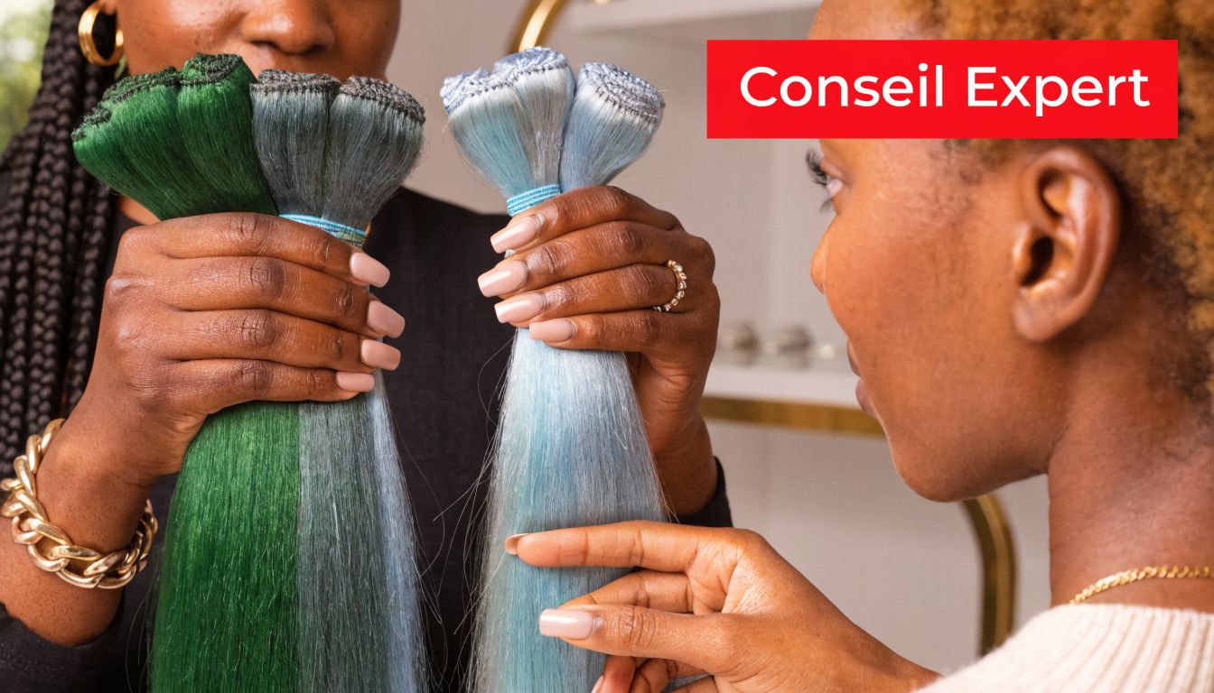 Une coiffeuse montrant des mèches d'extensions capillaires colorées en vert et bleu à une cliente.