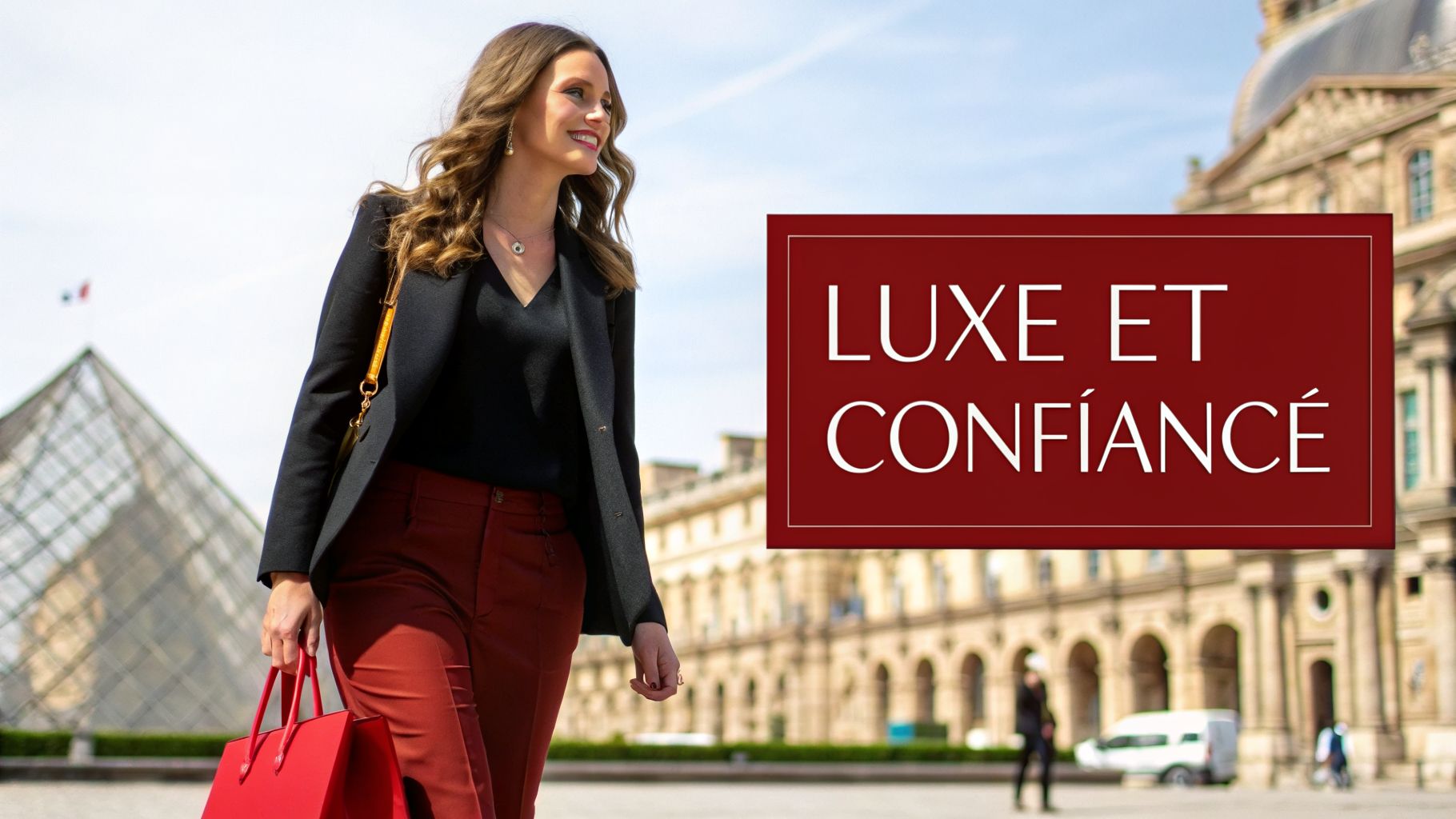 Femme élégante marchant à Paris près du Louvre, portant un blazer noir et un sac rouge, avec texte 'Luxe et Confiance'.