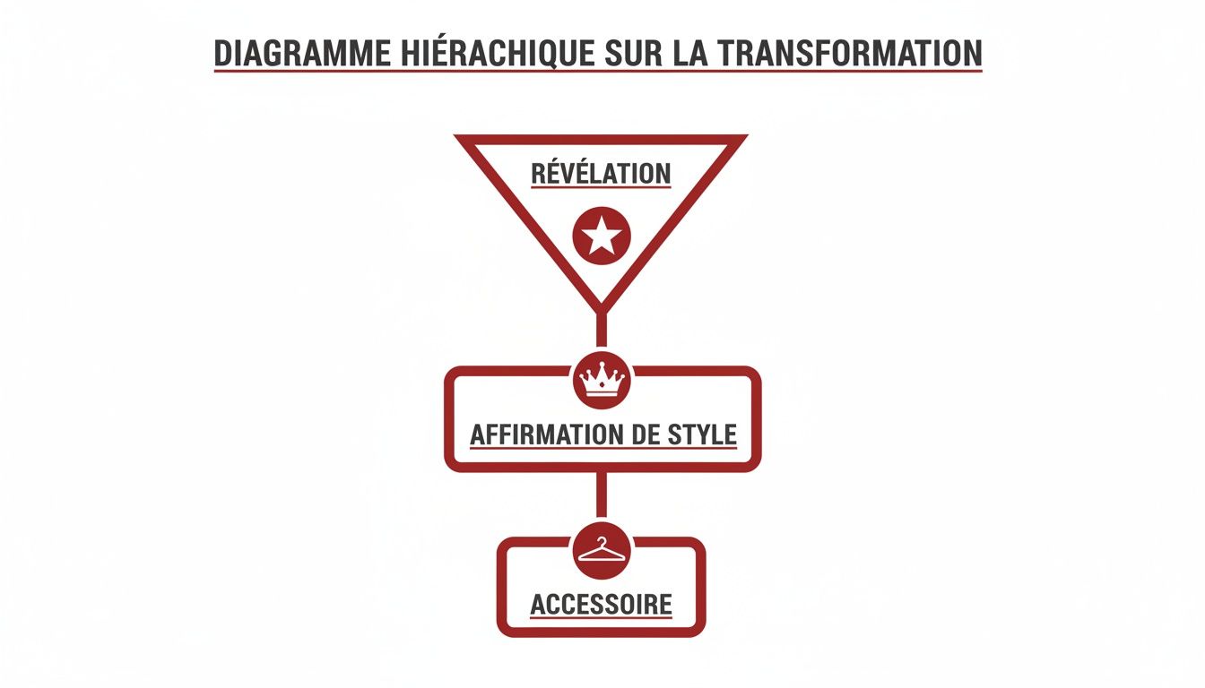 Diagramme hiérarchique illustrant les étapes de la transformation, incluant la révélation, l'affirmation de style et l'accessoire.