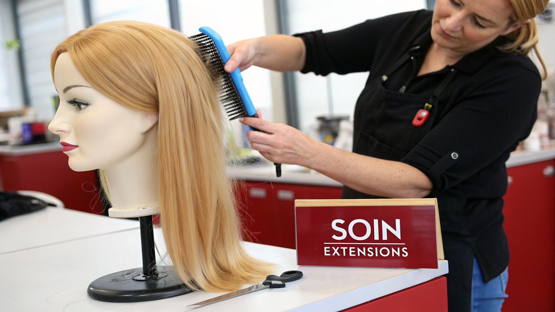 Une coiffeuse brosse des extensions de cheveux blonds sur une tête de mannequin dans un salon.