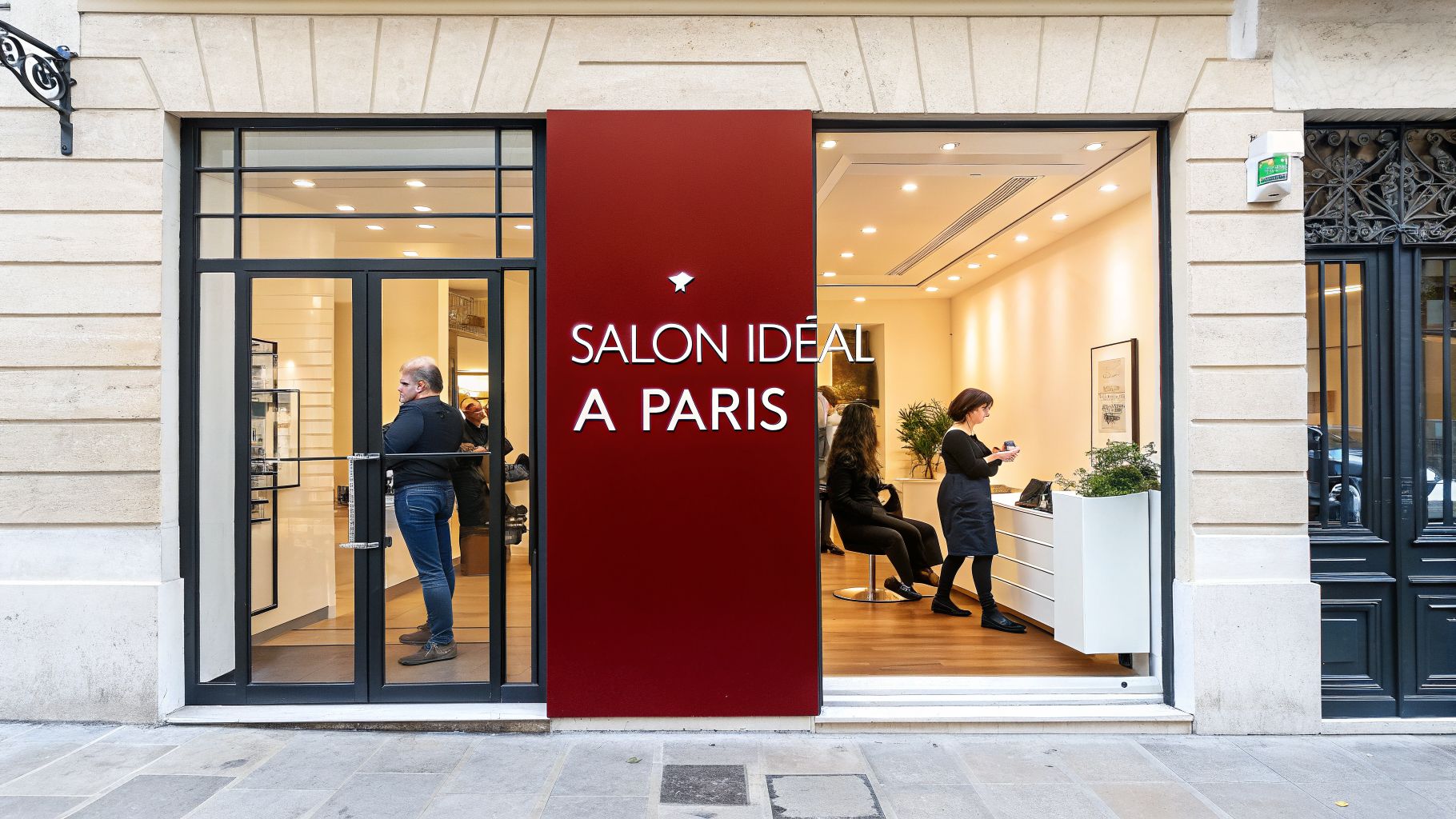 Extérieur du Salon Idéal à Paris, présentant sa devanture rouge et des personnes à l'intérieur.