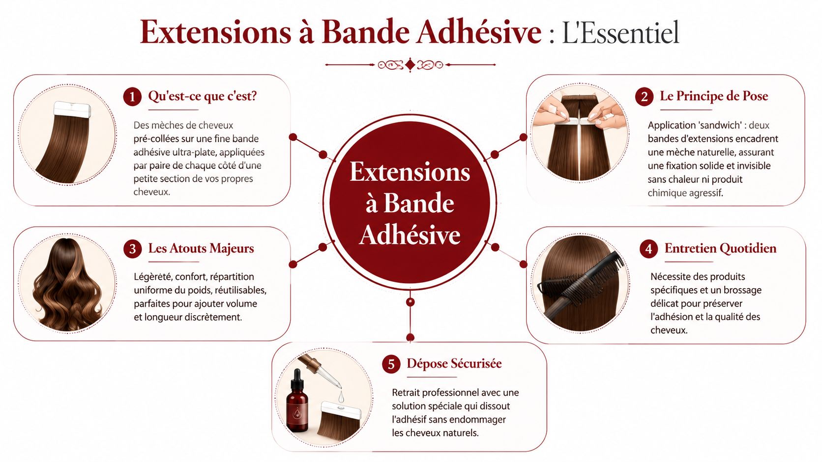 Infographie explicative sur les extensions capillaires à bande adhésive détaillant la pose, les avantages et l'entretien quotidien.