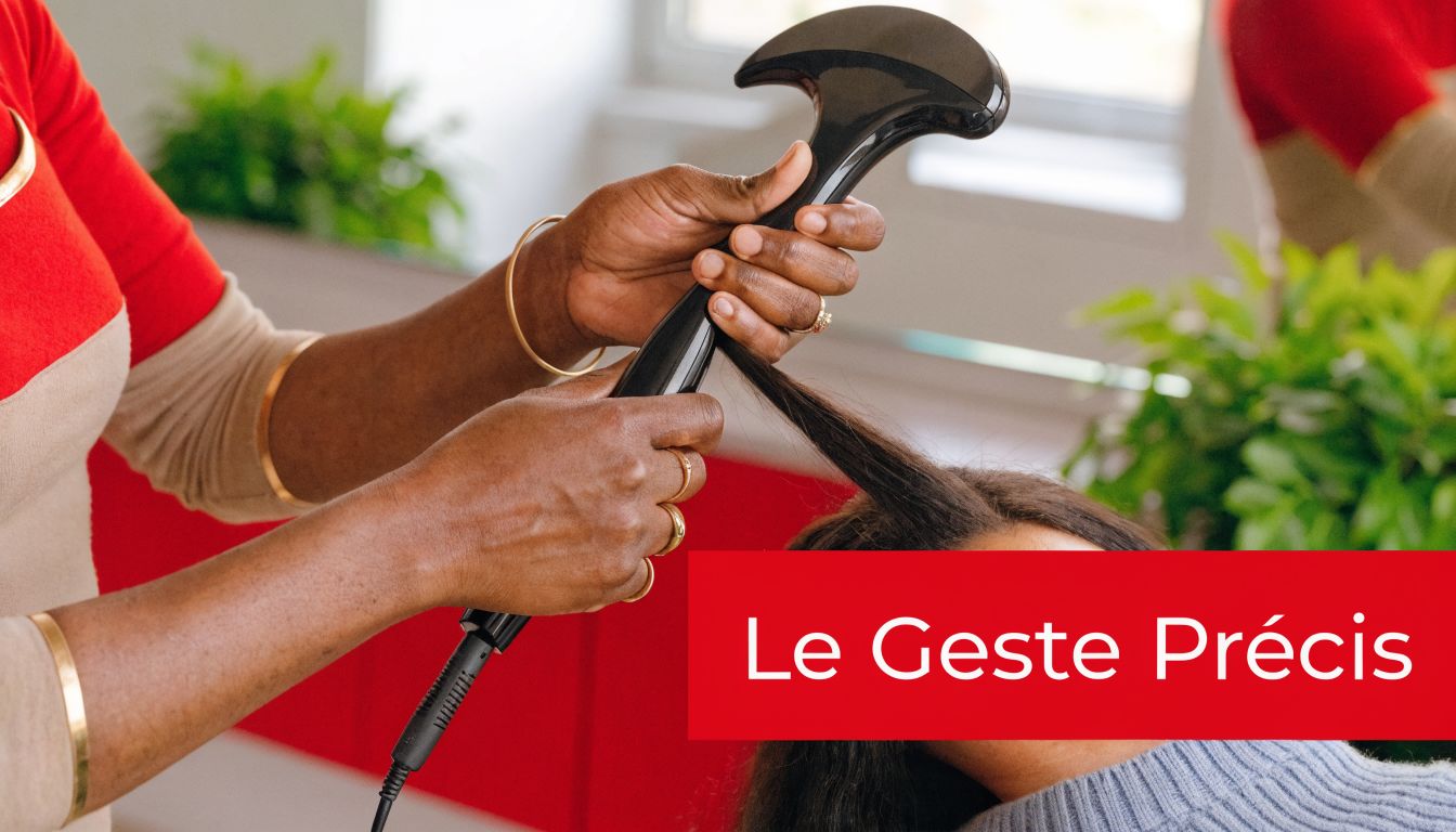 Une coiffeuse utilise un peigne chauffant lissant professionnel pour coiffer les cheveux d'une cliente en salon.
