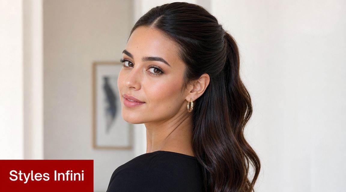 Une femme élégante avec une coiffure demi-queue ondulée, mettant en valeur son visage et ses boucles d'oreilles dorées.