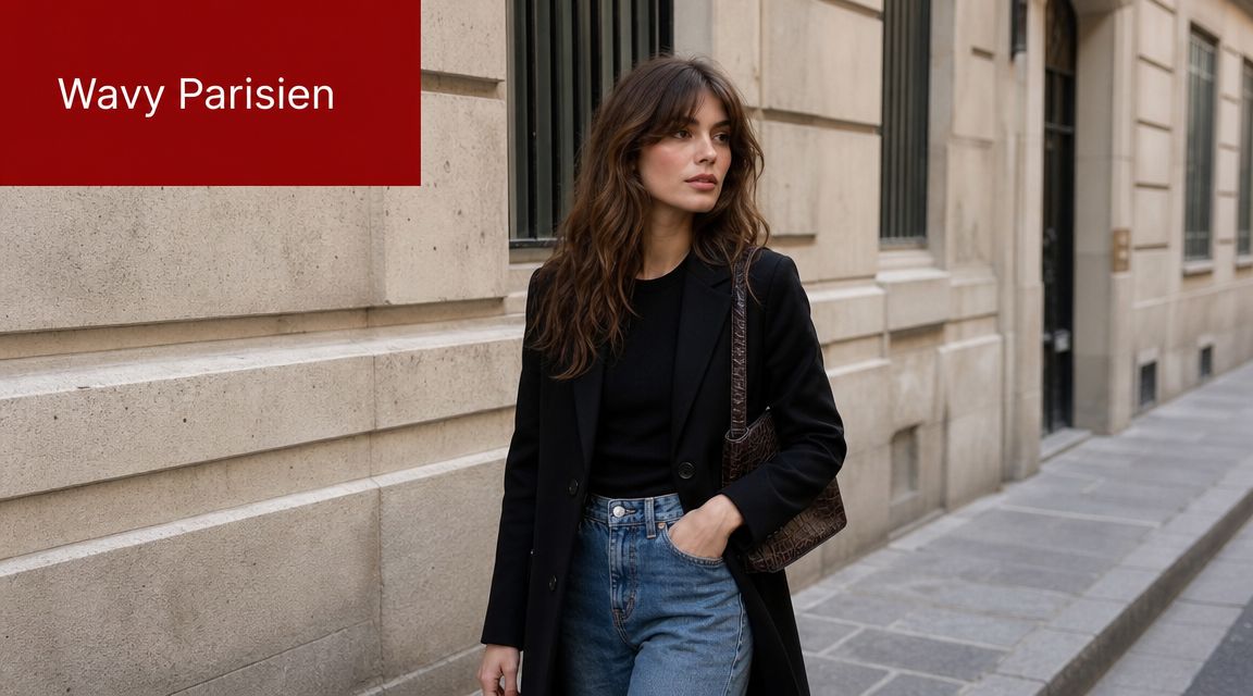 Une femme élégante avec une coiffure ondulée style parisien portant un manteau noir et un jean bleu.