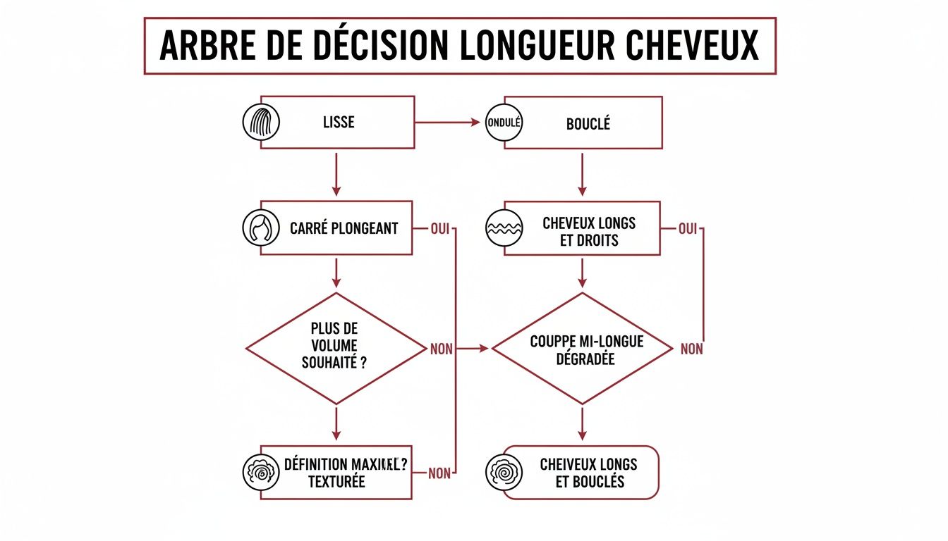 Arbre de décision pour choisir la longueur et le type de coiffure, incluant lisse et bouclé.