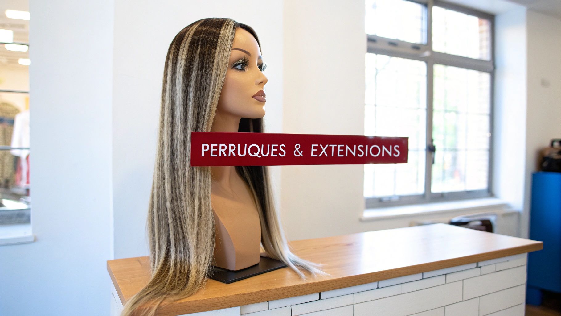 Mannequin avec perruque longue et méchée (moka clair et marron) et panneau "PERRUQUES & EXTENSIONS" sur comptoir.