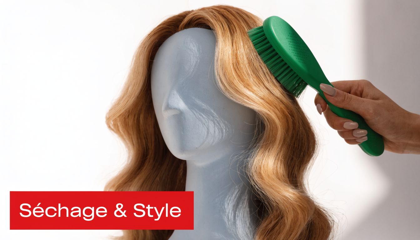 Une main brosse doucement une perruque blonde ondulée sur un mannequin pour le séchage et le coiffage.