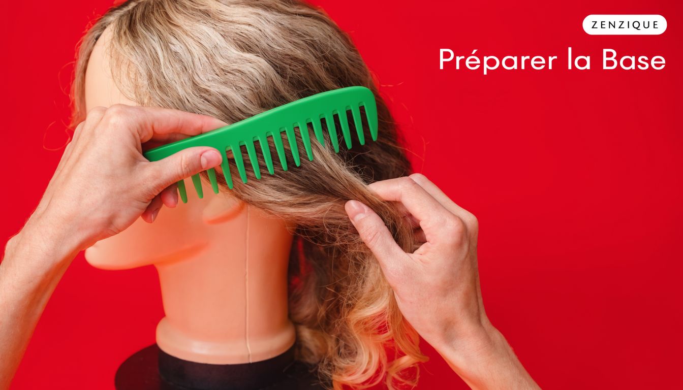 Une main utilise un peigne vert pour démêler les cheveux d'une perruque sur un mannequin.