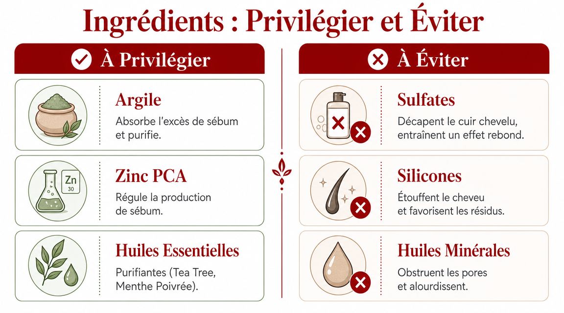 Infographie illustrant les ingrédients recommandés et à éviter pour le soin des cheveux gras au quotidien.