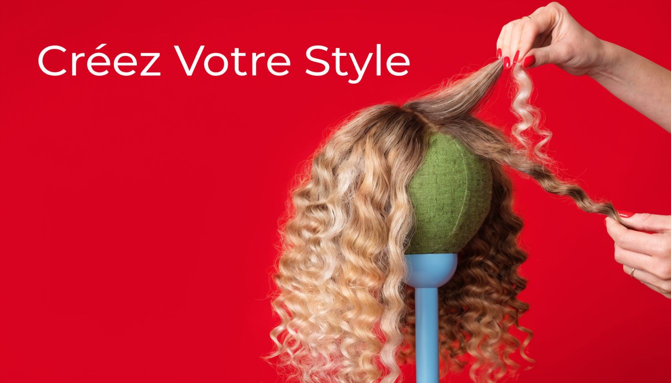 Une main ajuste les boucles d'une perruque blonde méchée sur un mannequin vert devant un fond rouge.
