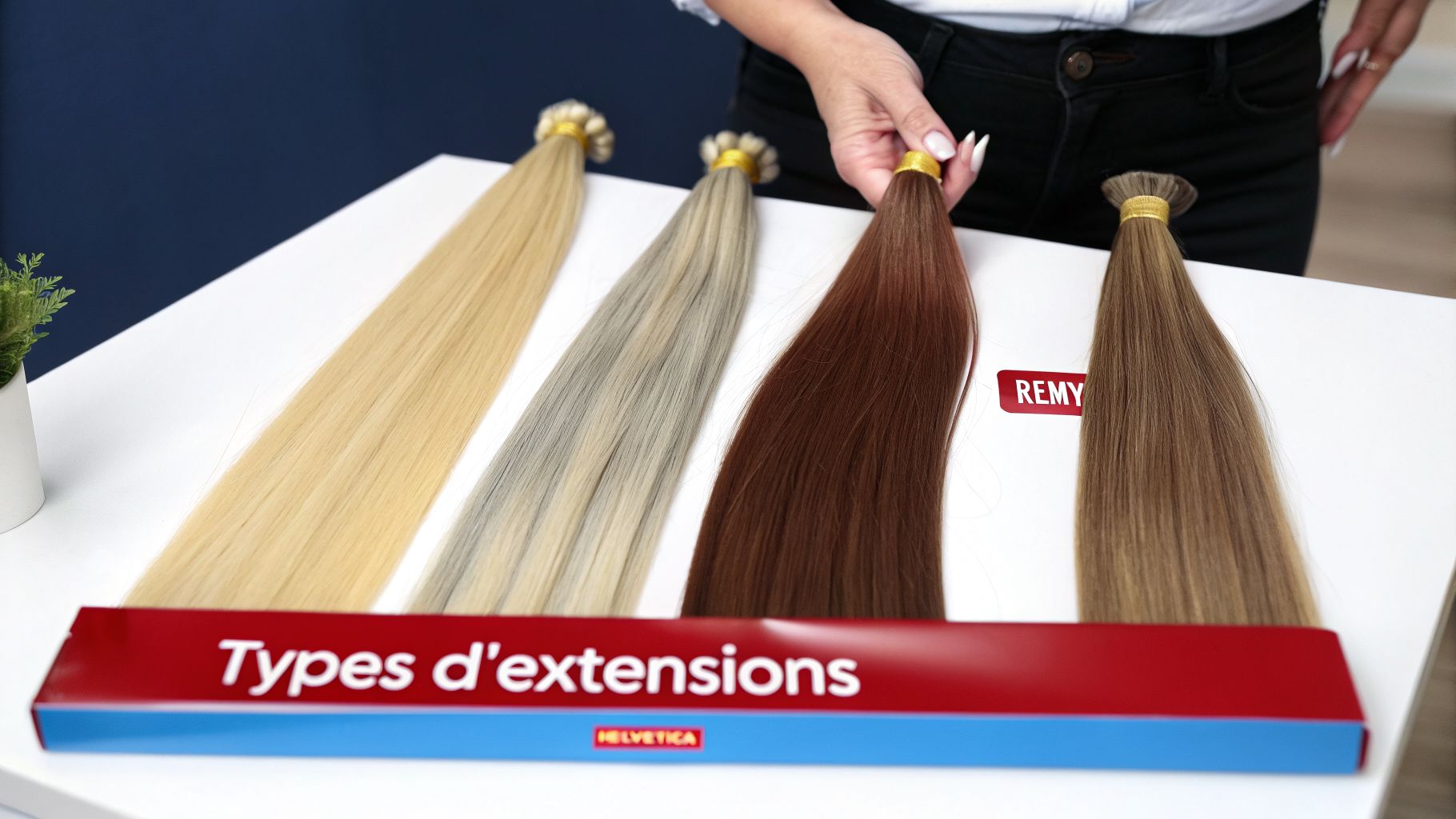 Quatre échantillons de mèches d'extensions capillaires de différentes couleurs sur une table blanche, avec une main les manipulant.